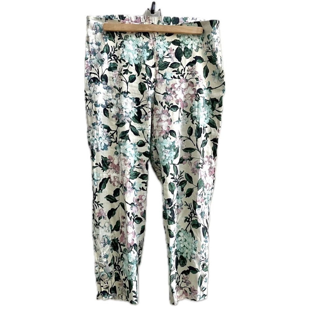 J.Jill Floral Linen Stretch Button Hem Ankle Pants Women’s Size M Petite Ivory